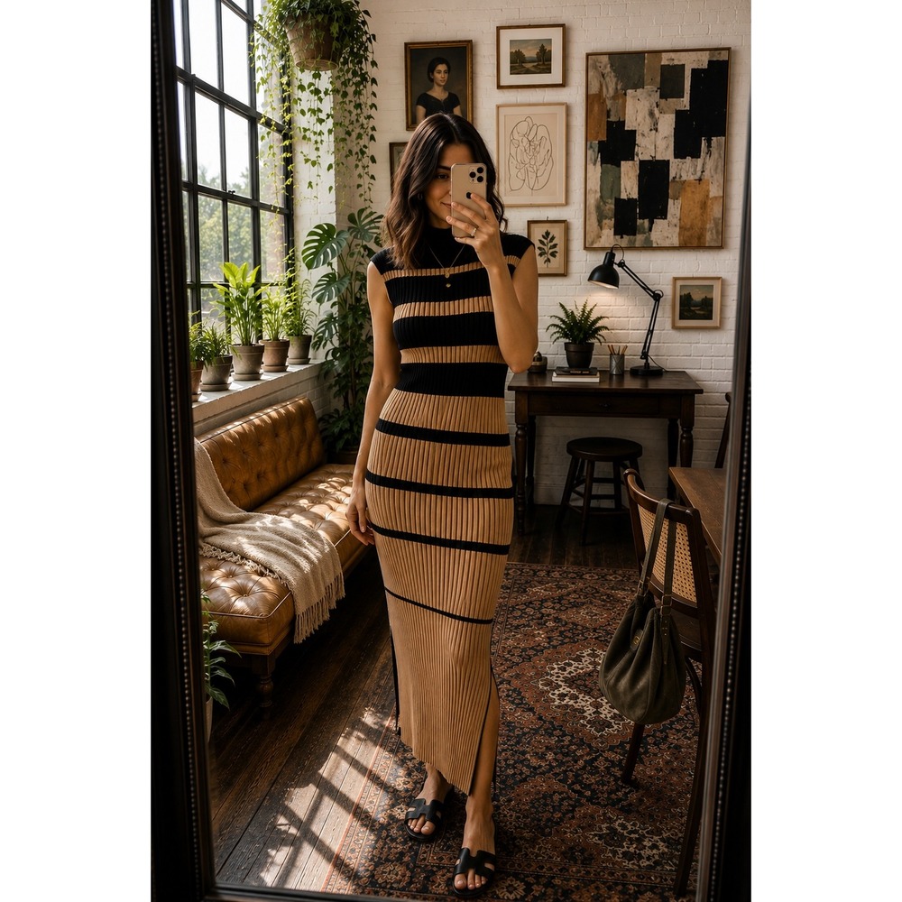 NEW Lumiere Black Tan Striped Ribbed Mock Neck Maxi Dress Size Large